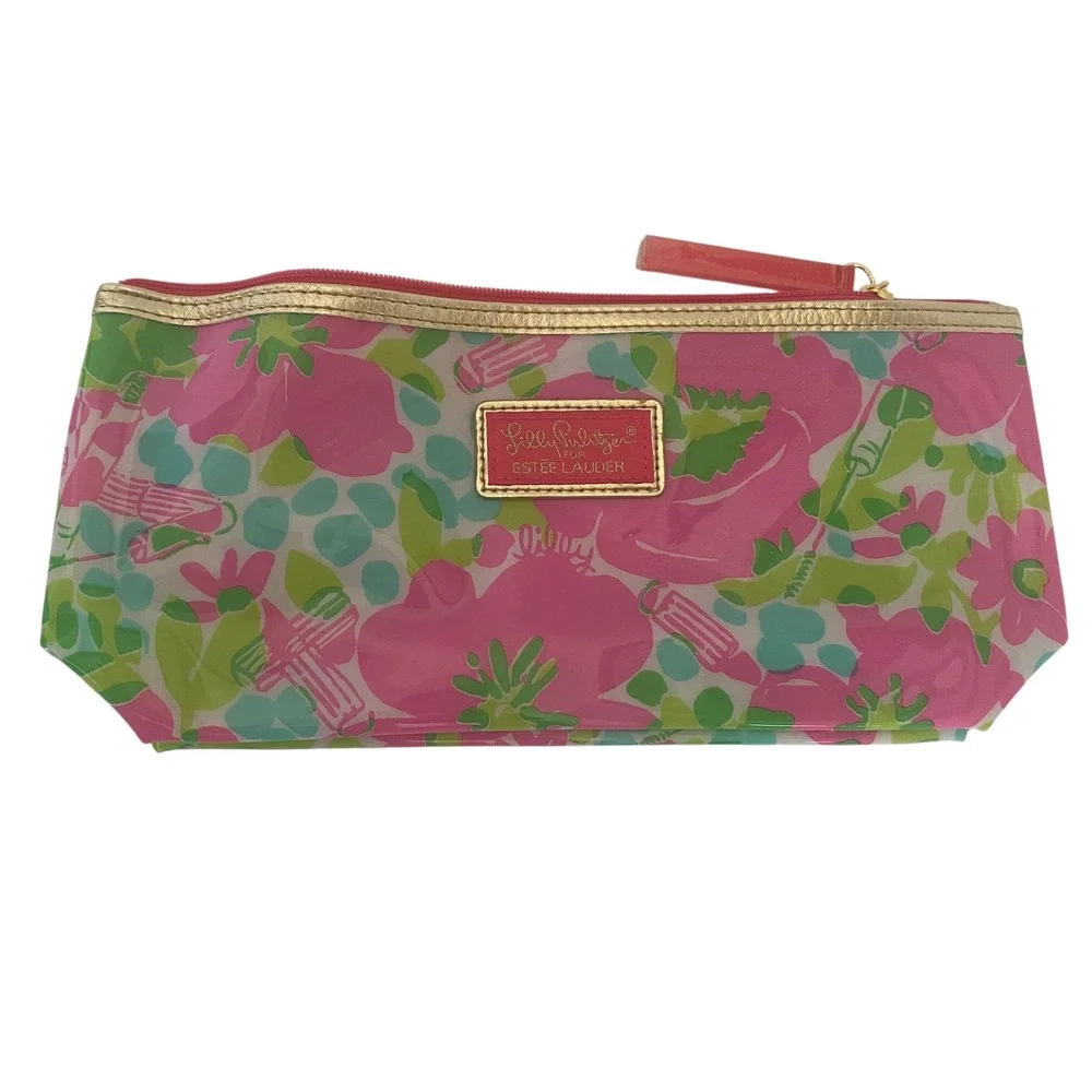 Lilly Pulitzer Estee Lauder Pink Green Floral‎ Vinyl Cosmetic Makeup Bag Pouch